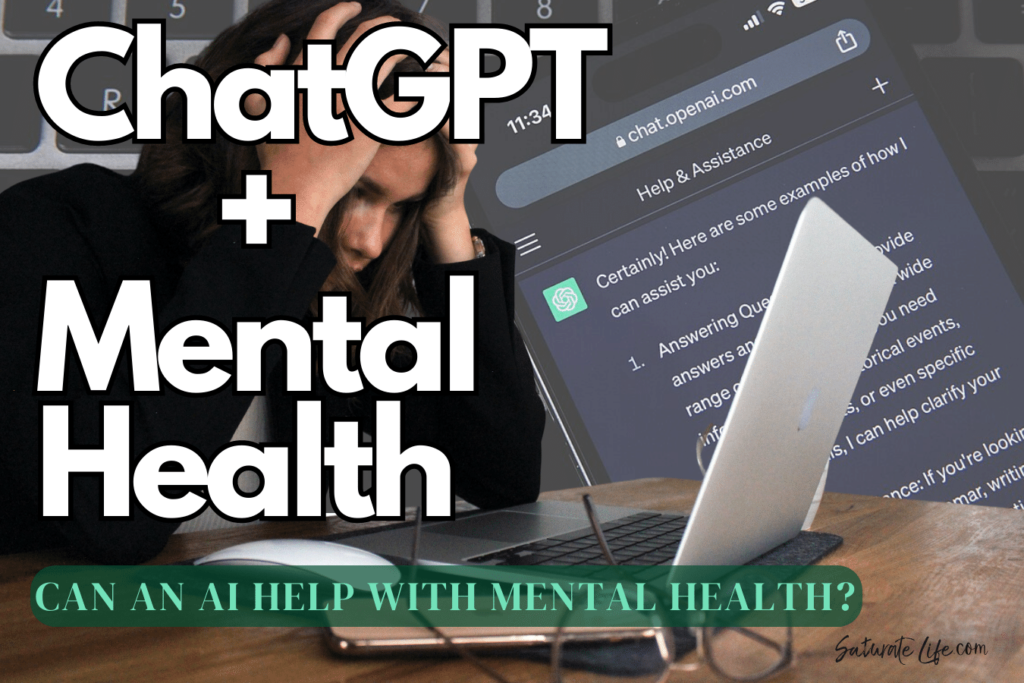 ChatGPT+Mental Health. Can AI Help with mental health? - Woman anxious at computer background a conversation with ChatGPT about assistance